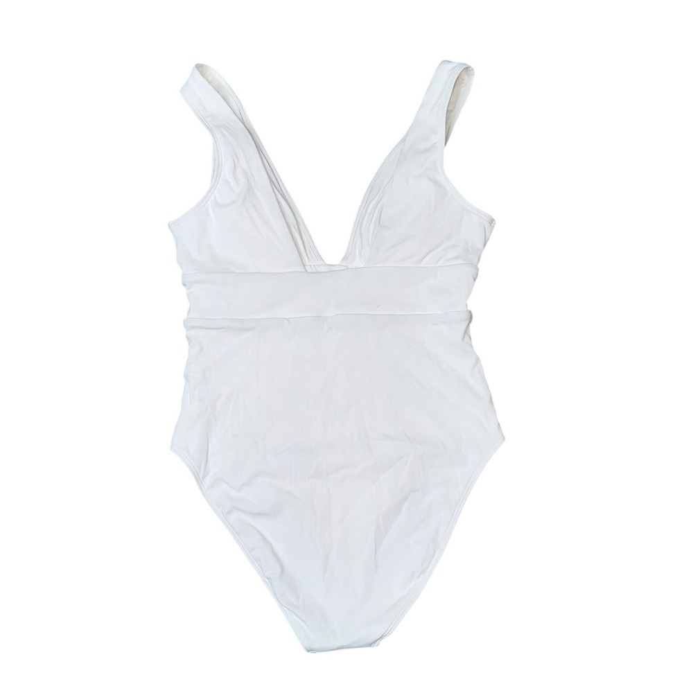 Quince One Piece Swimsuit Womens Large White Good Ribbed V-Neck ATG001 - Picture 2 of 6